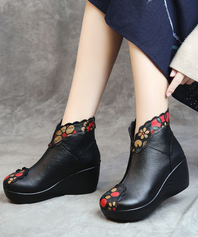 Red Floral Splicing Cowhide Leather Ankle Boots Wedge