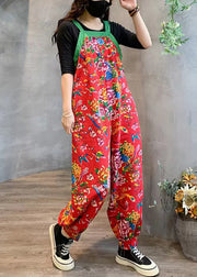 Red High Waist Patchwork Cotton Jumpsuits Pockets  Fall