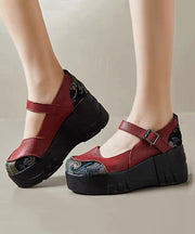 Red High Wedge Heels Shoes Women Splicing Buckle Strap