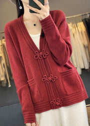 Red Hollow Out Pockets Wool Coats V Neck Long Sleeve