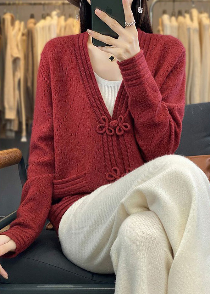 Red Hollow Out Pockets Wool Coats V Neck Long Sleeve