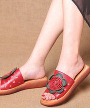 Red Hollow Out Splicing Cowhide Leather Peep Toe Slide Sandals