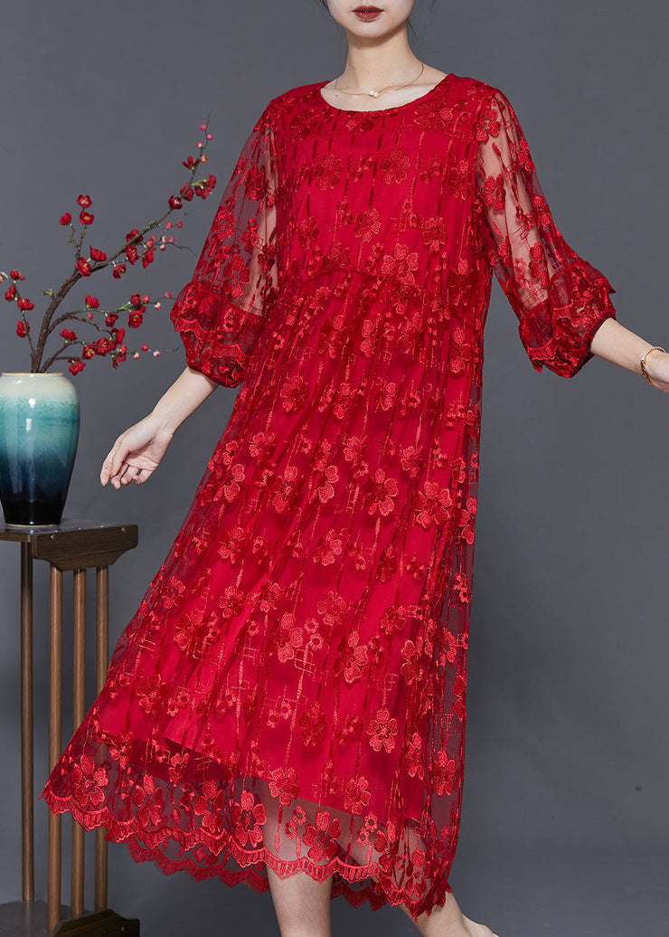 Red Hollow Out Tulle Holiday Dresses Embroidered Bracelet Sleeve