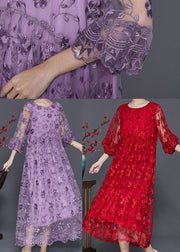 Red Hollow Out Tulle Holiday Dresses Embroidered Bracelet Sleeve