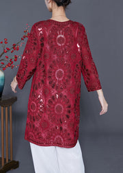 Red Hollow Out Tulle UPF 50+ Cardigans Embroideried Summer