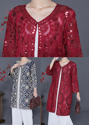 Red Hollow Out Tulle UPF 50+ Cardigans Embroideried Summer