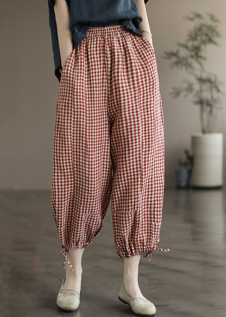 Red Lace Up High Waist Linen Thin Wide Leg Pants