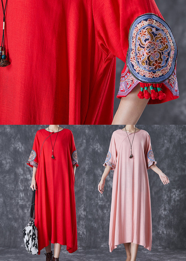 Red Linen Dresses Embroideried Exra Large Hem Half Sleeve