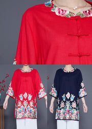 Red Linen Shirt Tops Embroideried Chinese Button Summer