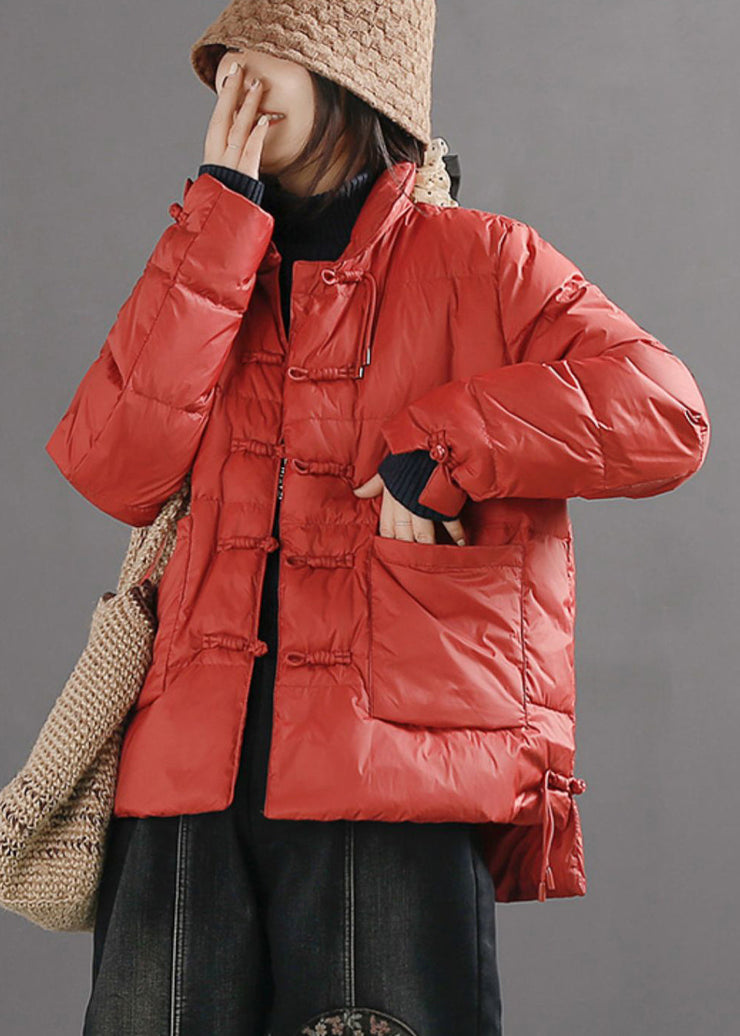 Red Loose Duck Down Puffer Jacket Chinese Button Winter