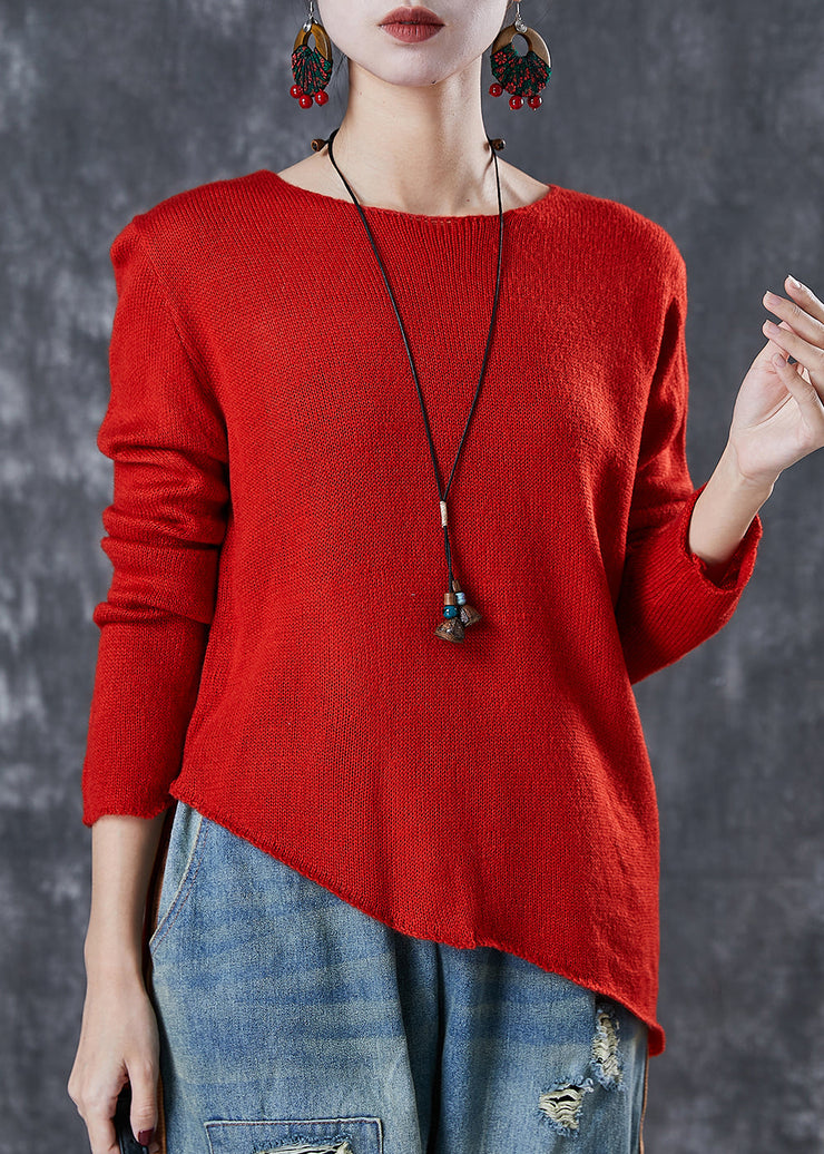 Red Loose Knit Sweaters Asymmetrical Design Spring