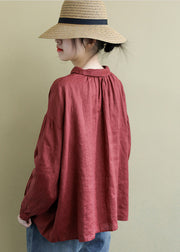 Red Loose Linen Shirt Tops Peter Pan Collar Button Spring