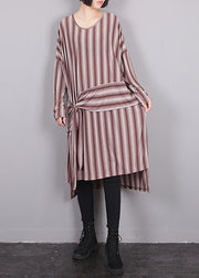 Red O-Neck Asymmetrical Striped Low High Design Maxi Dress Fall