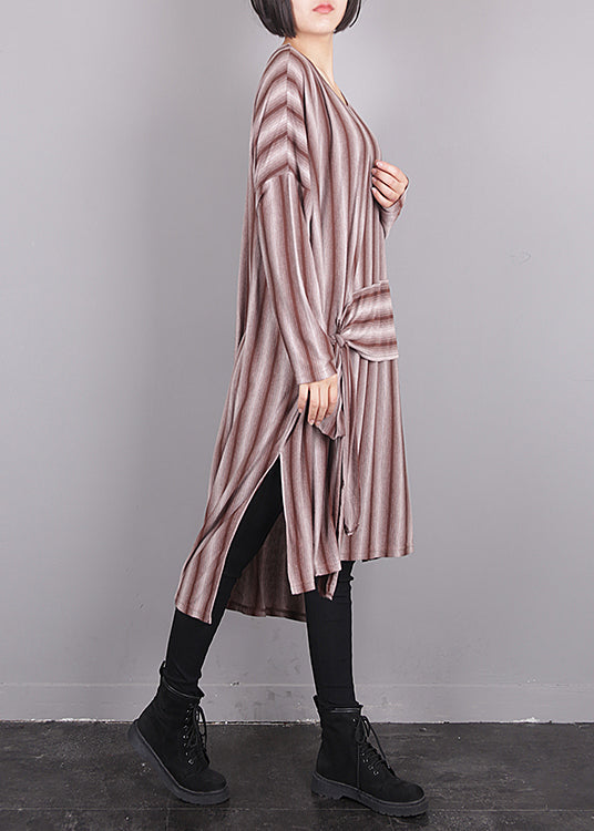 Red O-Neck Asymmetrical Striped Low High Design Maxi Dress Fall