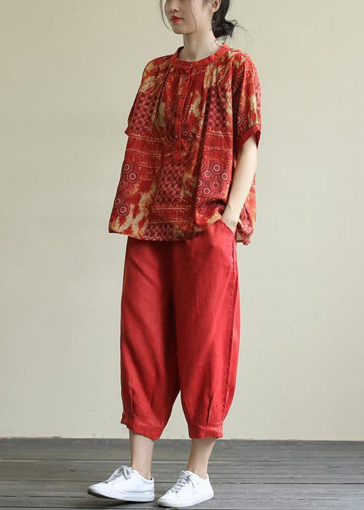 Red O-Neck Button Top And Harem Pants Two Pieces Set Short Sleeve