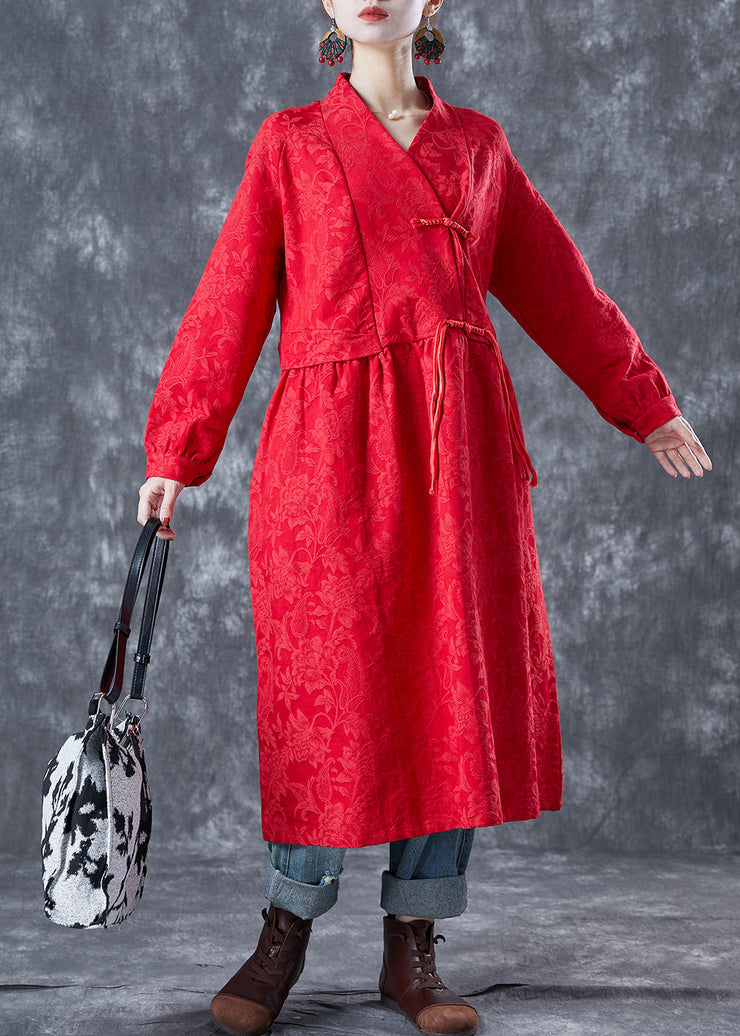 Red Oriental Linen Long Dress Chinese Button Tassel Spring