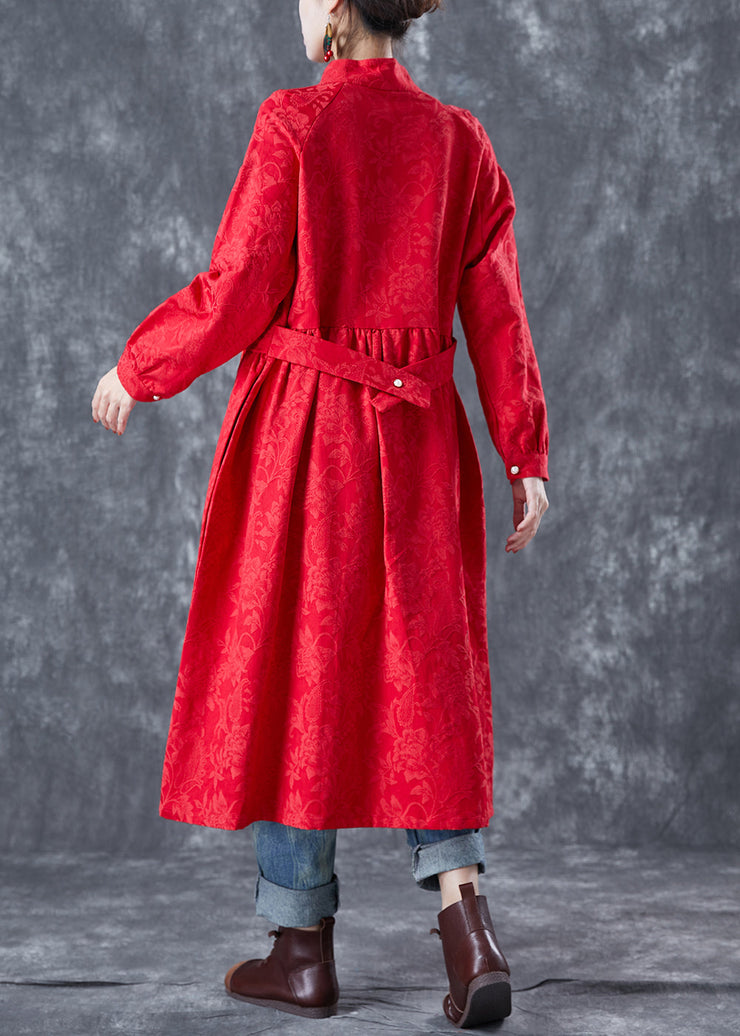 Red Oriental Linen Long Dress Chinese Button Tassel Spring