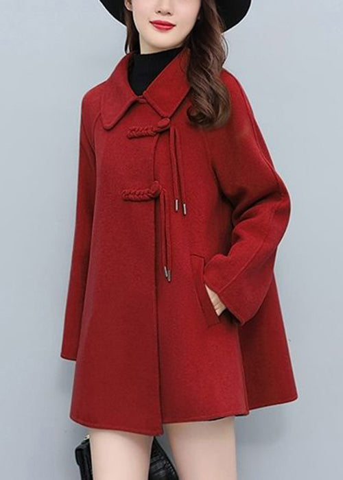 Red Oriental Woolen Jacket Tasseled Chinese Button Winter