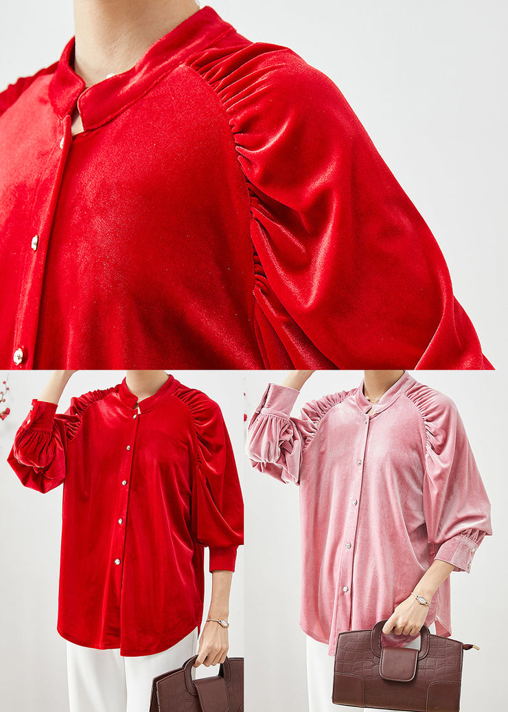 Red Oversized Silk Velour Tops Stand Collar Wrinkled Fall