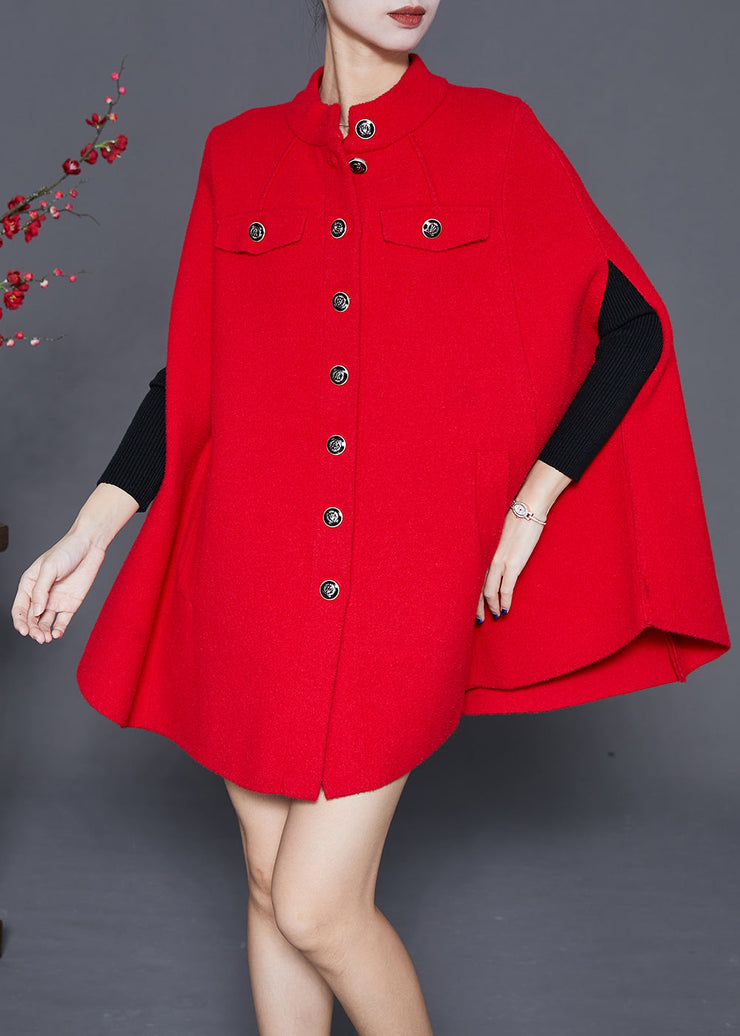 Red Oversized Woolen Coats Metal Buttons Cloak Sleeves