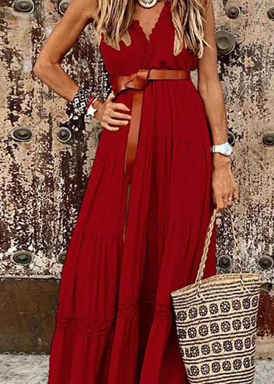 Red Patchwork Cotton Dresses V Neck Wrinkled Lace Summer