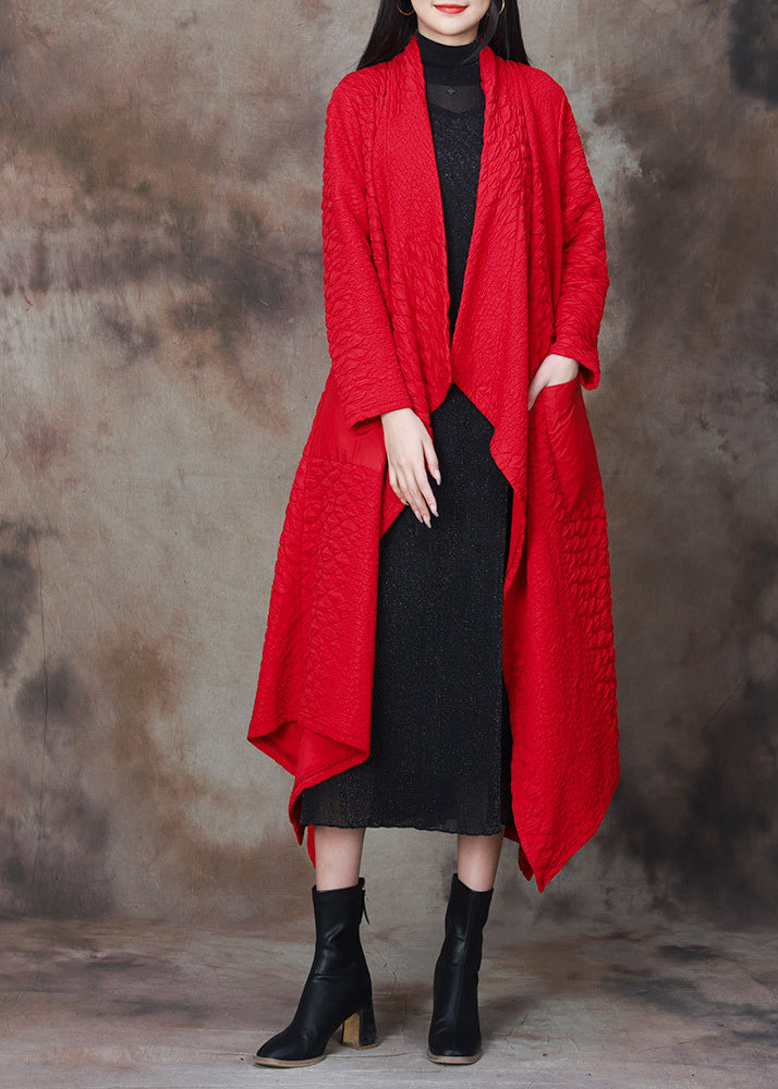 Red Patchwork Cotton Long Cardigan Asymmetrical Spring