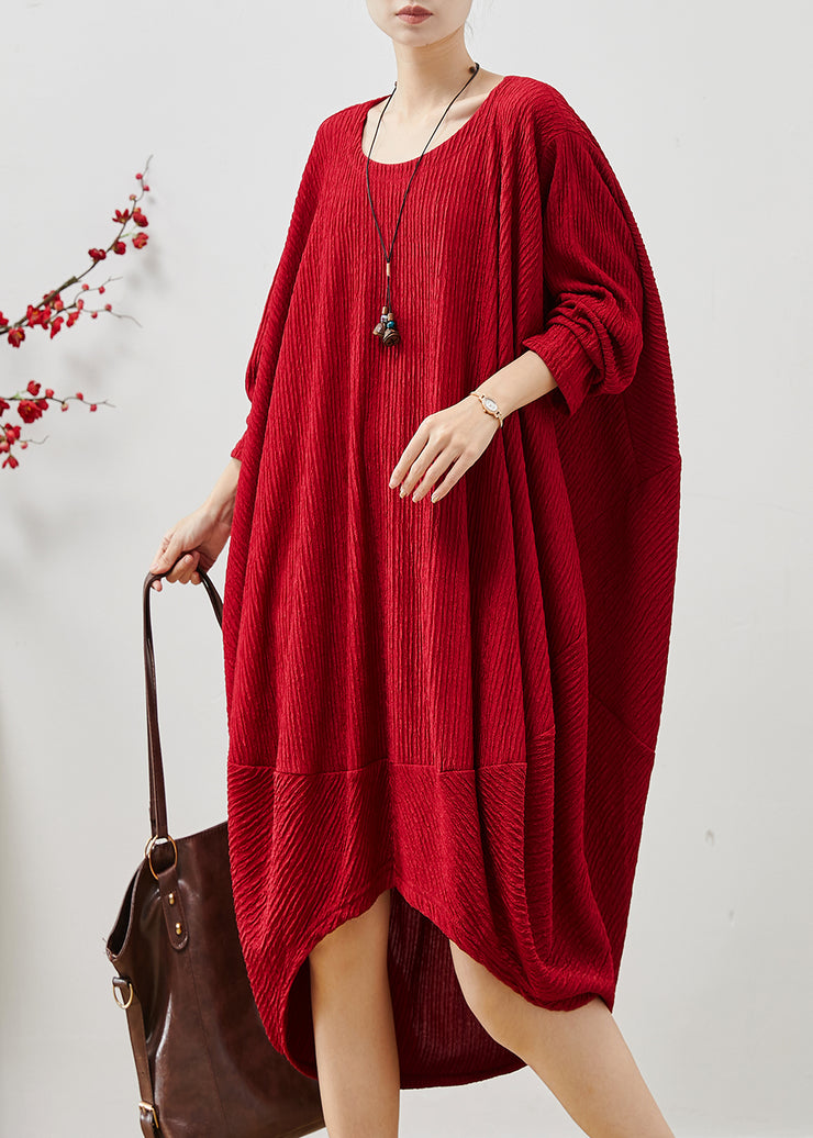 Red Patchwork Cotton Maxi Dress Oversized Wrinkled Fall