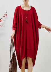 Red Patchwork Cotton Maxi Dress Oversized Wrinkled Fall