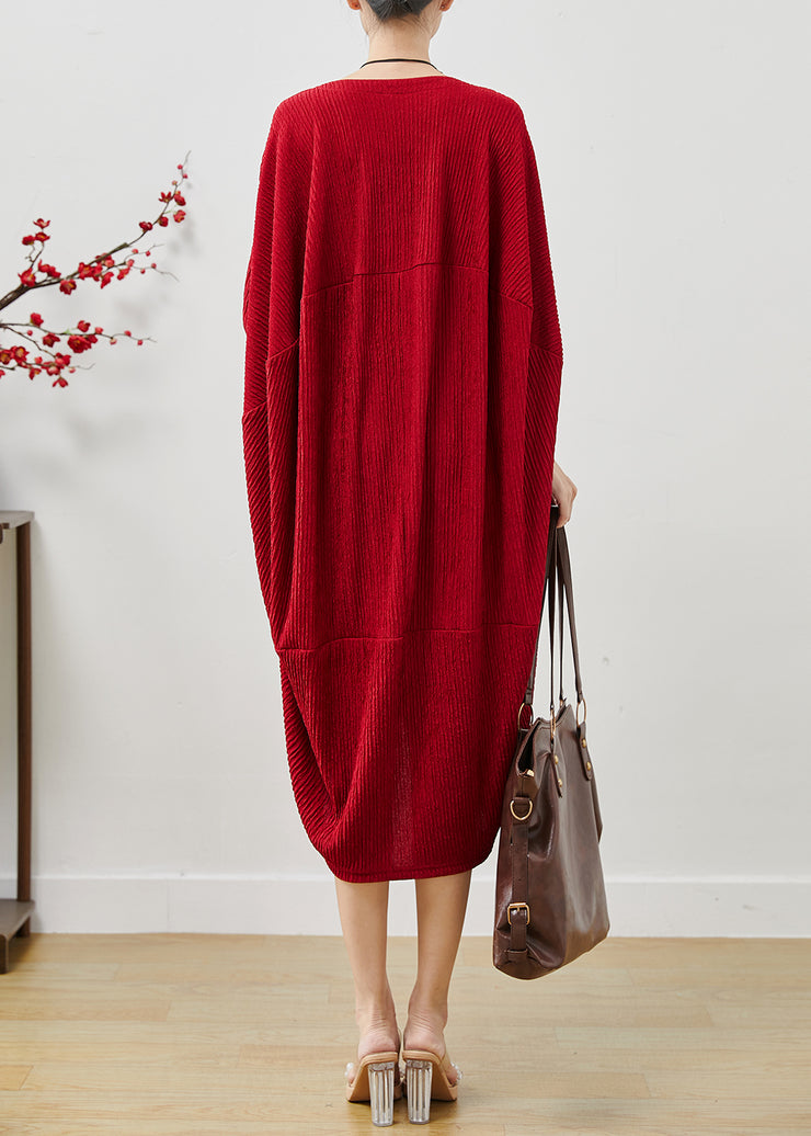 Red Patchwork Cotton Maxi Dress Oversized Wrinkled Fall