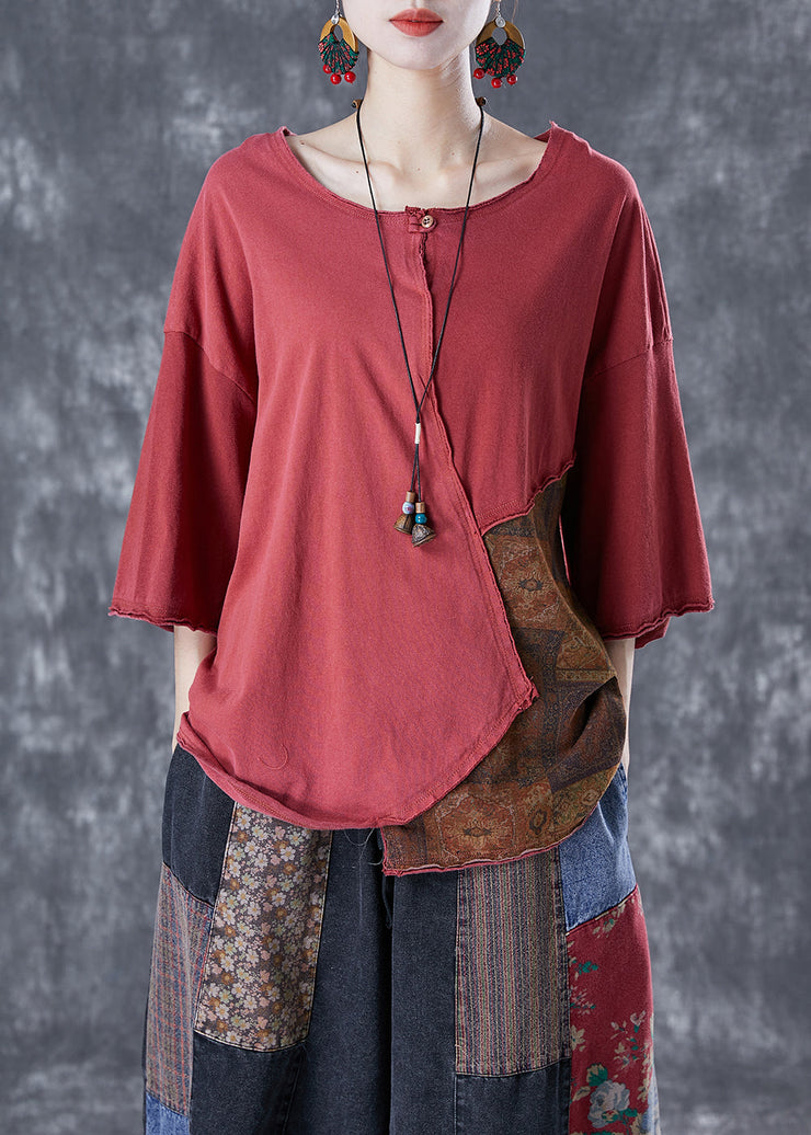 Red Patchwork Cotton Tank Oversized Asymmetrical Summer