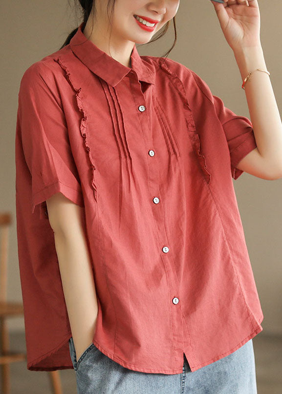 Red Patchwork Cotton Tops Peter Pan Collar Ruffled Button Short Sleeve