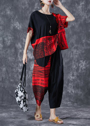 Red Patchwork Cotton Women Sets 2 Pieces Oversized Print Summer