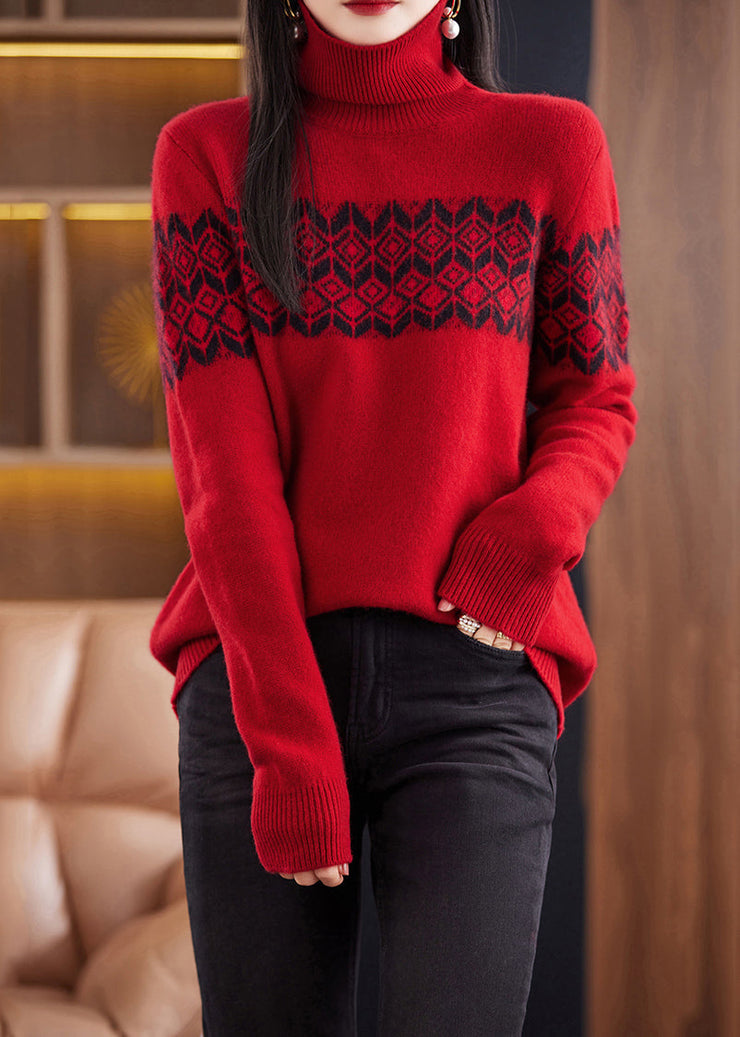 Red Patchwork Cozy Cotton Knit Sweaters Turtleneck Winter