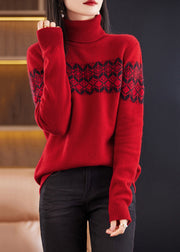 Red Patchwork Cozy Cotton Knit Sweaters Turtleneck Winter