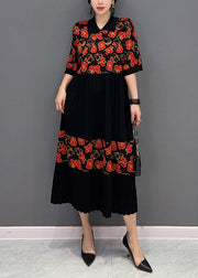 Red Patchwork Knit Pleated Dresses Turn-down Collar Print Summer