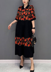 Red Patchwork Knit Pleated Dresses Turn-down Collar Print Summer