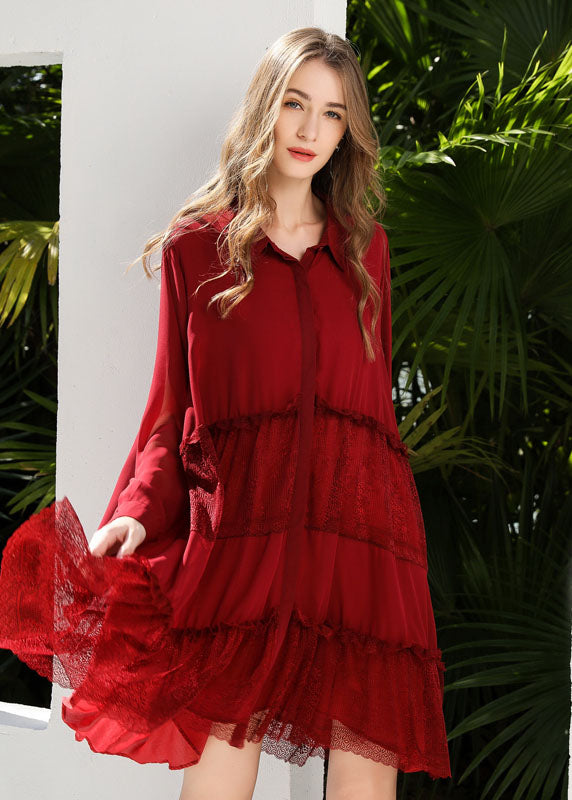 Red Patchwork Lace Chiffon Shirt Dress Ruffled Exra Large Hem Spring