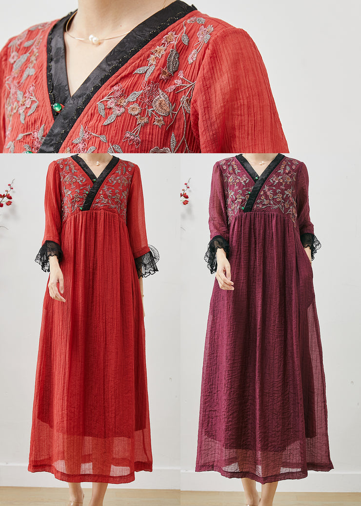 Red Patchwork Lace Cotton Ankle Dress Embroidered Fall