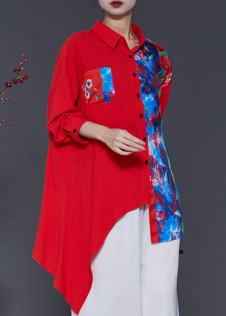 Red Patchwork Linen Blouse Top Oversized Spring