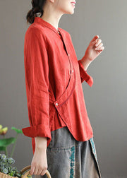 Red Patchwork Linen Chinese Style Tops Stand Collar Long Sleeve