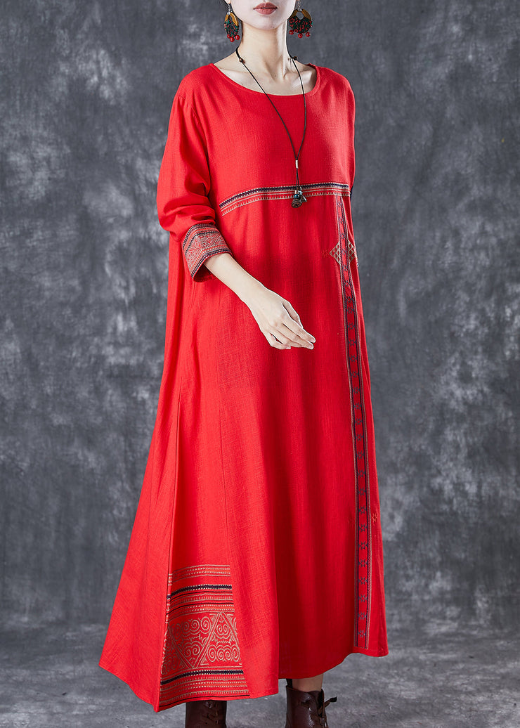 Red Patchwork Linen Maxi Dresses Embroidered Spring