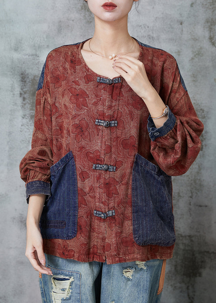 Red Patchwork Linen Oriental Blouses Print Pockets Spring