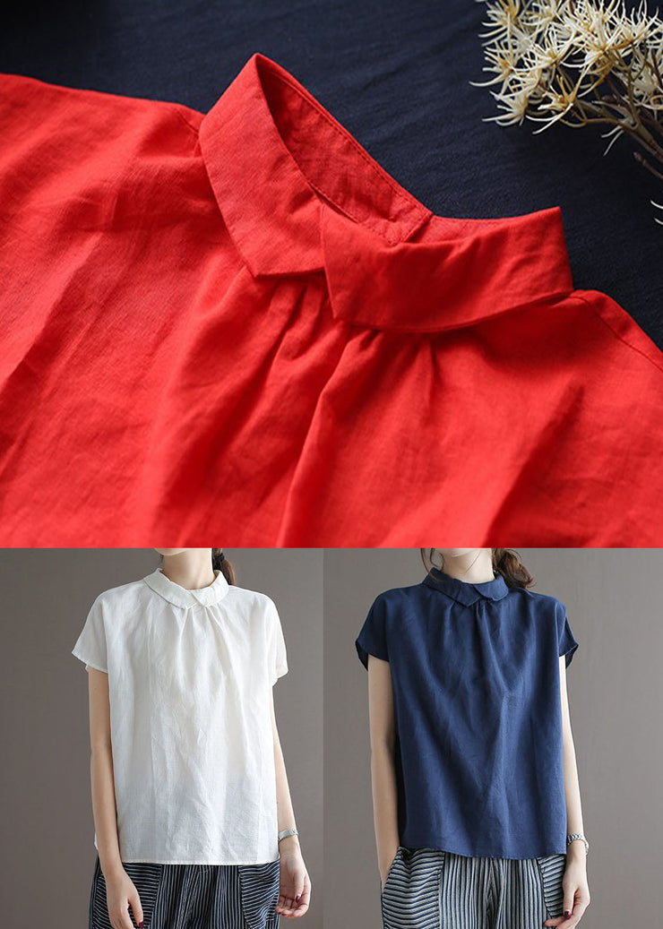 Red Patchwork Linen Shirts Tops Peter Pan Collar Button Summer