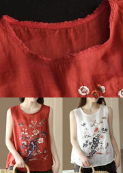 Red Patchwork Linen Tops Embroideried O Neck Sleeveless