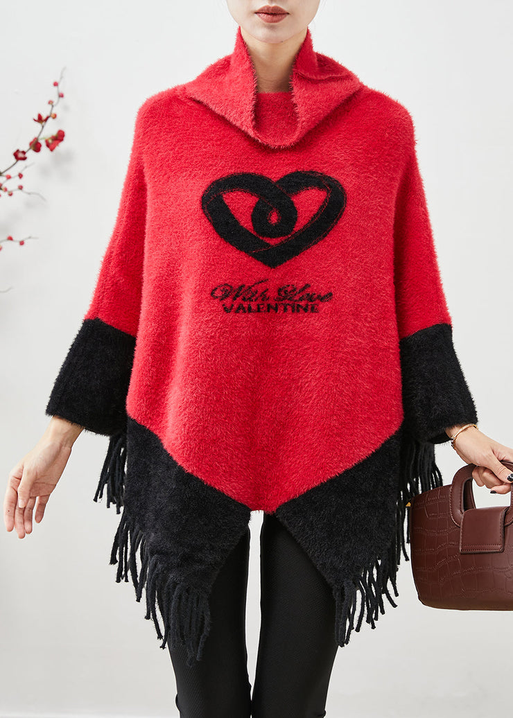 Red Patchwork Mink Velvet Top Tasseled Turtle Neck Fall