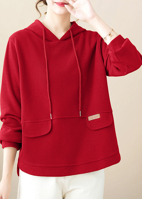 Red Patchwork Plus Size Cotton Pullover Streetwear Hooded Fall