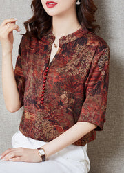 Red Patchwork Print Silk Top Button Stand Collar Summer