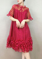 Red Patchwork Tulle Party Dress Embroideried Ruffled Summer