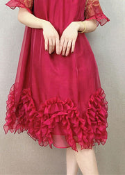 Red Patchwork Tulle Party Dress Embroideried Ruffled Summer