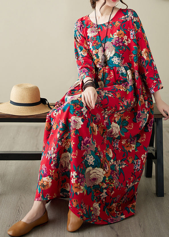 Red Patchwork Wrinkled Maxi Dress Long Sleeve